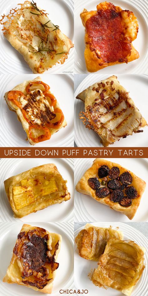 Savory Tarts Puff Pastry, Puff Pastry Recipes Tiktok, Upside Down Cambozola Tarts, Upside Down Savory Tarts, Tiktok Puff Pastry, Upside Down Puff Pastry Bacon, Phyllo Pastry Recipes Breakfast, Inverted Puff Pastry, Upside Down Tartlets