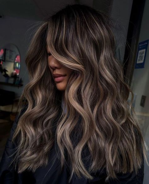 Black Hair with Ashy Balayage Highlights Brunette Balayage Hair Ashy, Balayage On Black Hair, Ashy Balayage, Black Hair Balayage, Ash Blonde Balayage, Brown Hair Looks, Color Balayage, Brown Hair Inspo, Brunette Hair With Highlights