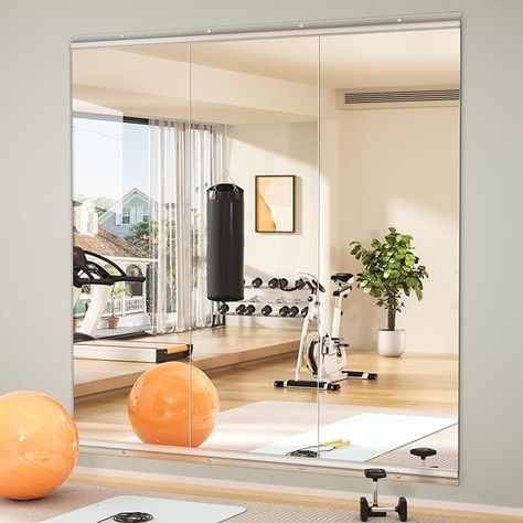 Amazon.com: Hasipu Home Gym Mirror 55"x17"-3 PCS Large Full Body Mirror for Yoga, Large Wall Mirror Full Length for Fitness, Garage, Dance Studio, 0.16in Tempered Glass Frameless Mirror-UL : Home & Kitchen Small Home Gym Mirror, Wall Mirror Gym, Home Gym Mirror Ideas, Home Office Gym Combo Layout, Home Gym Mirror, Cute Home Gym, Mini Gym At Home, Mini Gym At Home Ideas, Wall Mirror Full Length