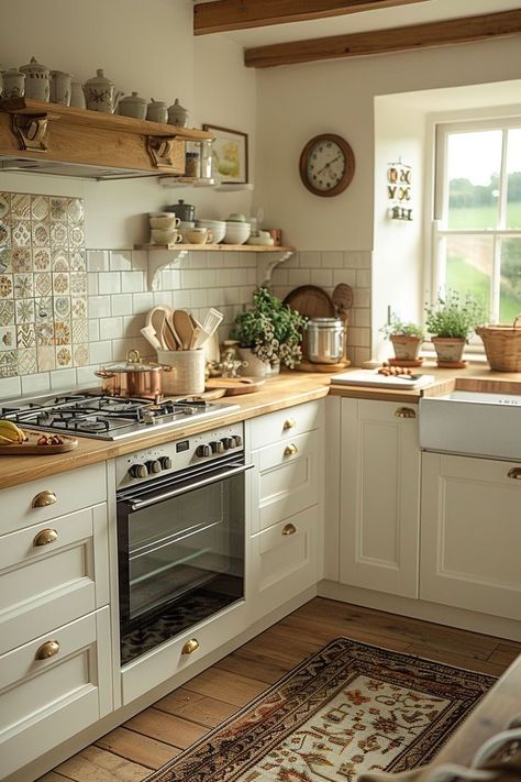 French Style Kitchen Design, Small Tiled Kitchen, Kitchen Ideas Cream Color, Kitchen Decor Classic, Cottagecore Modern Kitchen, White Vintage Kitchen Ideas, White Kitchen Timeless, Italian Modern Kitchen Design, Small Cream Kitchen Ideas