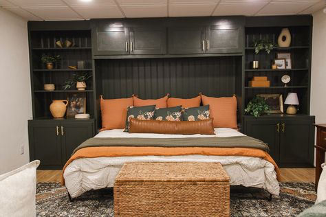 DIY Built-in Murphy Bed (And how they're styled!) Murphy Bed Next To Window, Murphy Bed With Side Desk, Built Ins Around Master Bed, Built In Bed Shelves, Built Ins Behind Bed, Built In King Bed Nook, Built In Shelving Around Bed, Playroom Murphy Bed, Murphy Bed California Closets