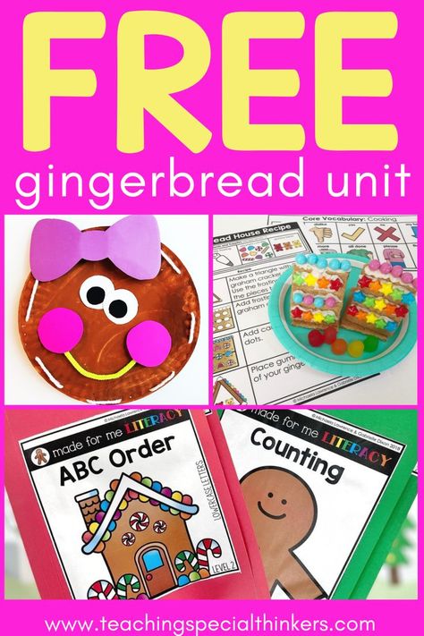 This image shows four projects from the free a Gingerbread Unit from Teaching Special Thinkers for Preschool, Kindergarten, or Special Education Classrooms. Gingerbread Sensory Bin Preschool, Christmas Themes Preschool, December Prek Activities, Gingerbread Classroom Activities, Gingerbread Week Kindergarten, Gingerbread Classroom, Kindergarten Gingerbread Activities, December Lesson Plans Preschool, Easy Preschool Christmas Crafts