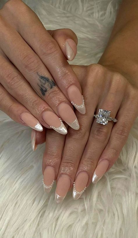 wedding nails, bridal nails, french manicure wedding, french tips nails brides, wedding nails brides, bride nails, wedding nail ideas White French Tip Wedding Nails, Wedding Day Manicure, French Nails Wedding Brides, Wedding Nails Pearl Brides, Classy Bride Nails, Champagne French Nails, Wedding Nails Inspo For Bride, Wedding Nails Ideas For The Bride, Extra Wedding Nails