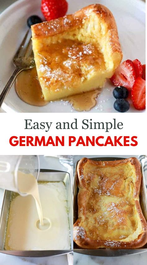 A plate of fluffy German Pancakes topped with powdered sugar and fresh berries. Easy German Pancakes, German Pancake Recipe, German Pancakes Recipe, German Pancakes, Early Mornings, Goulash, Diet Keto, Savoury Cake, Breakfast Treats