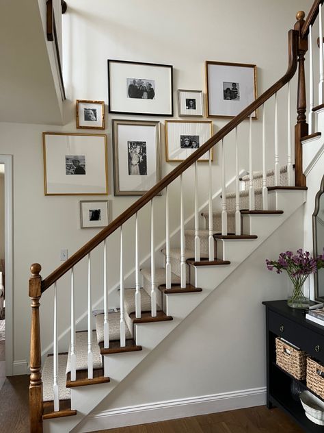 Photo Collage Wall Stairwell, Staircase Closed Wall, Stair Photo Collage, Family Photo Gallery Wall Stairs, Small Hallway Photo Gallery, Gallery Wall Over Stairs, Wall Gallery Stairs, Picture Frames Staircase Wall, Gallery Wall Going Up Stairs