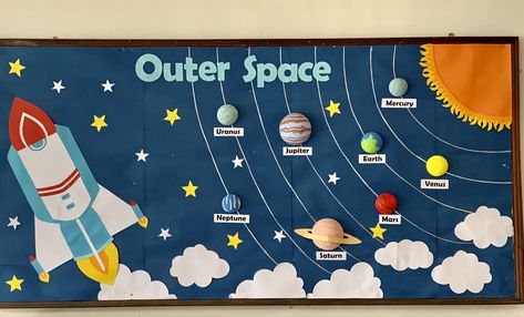 Solar System Science Project, Class Board Decoration, Soft Board Decoration, Space Theme Classroom, Solar System Projects For Kids, Science Chart, Kindergarten Addition Worksheets, Solar System Projects, File Decoration Ideas