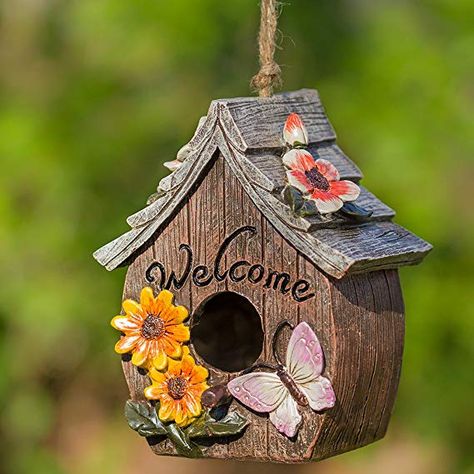 Amazon.com : Butterfly and Flowers Welcome Decorative Hand-Painted Bird House : Garden & Outdoor Hanging Bird Houses, Bird House Decor, Large Bird Houses, Butterfly And Flowers, Bird House Plans, Welcome Design, Bird House Kits, Bird Aviary, Bird Houses Painted