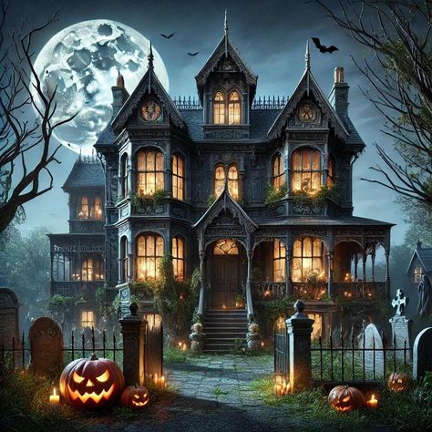 Immerse yourself in the classic UK haunted house with this exquisite artwork. This piece vividly captures the classic spooky scene with flickering jack-o'-lanterns, hanging lanterns, and intricate cobwebs, set against a cold, moonlit sky, the full moon casting an eerie, magical glow over the house. These meticulously detailed artworks evoke the timeless spirit of a darker mood Halloween, making them perfect for seasonal décor. Number 2 in the set. | #Haunted_House_Art #Uk_Halloween #Witches_House #Lanterns_Hanging Halloween Home Exterior, Halloween Mansion, Witch Castle, Halloween Stores, Halloween Houses, Lanterns Hanging, House Balcony, Creepy Houses, Ghost House