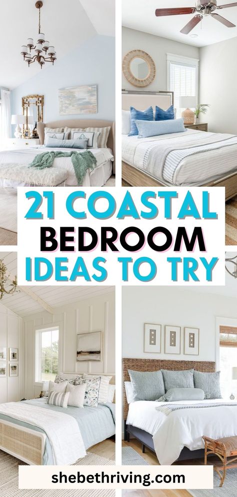 Coastal Bedroom Ideas Shore Bedroom Ideas, Beach Guest Room Ideas, Calming Coastal Bedroom, Modern Coastal Bedding Ideas, Beachy Master Bedrooms Decor, Coastal Blue Bedding, Coastal Bedroom Furniture Ideas, Coastal Bedroom Color Palette, Modern Coastal Bedding