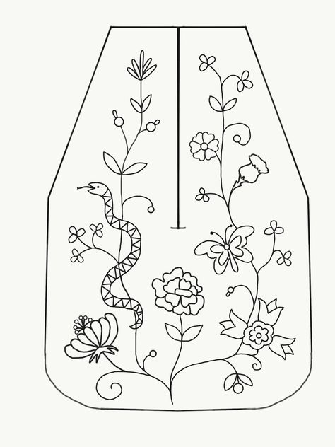 Outline for a floral embroidery pattern with snake for an 18th century pocket 18th Century Crafts, 18th Century Pockets Embroidery, 18th Century Pockets Pattern, 18th Century Embroidery Pattern, Colonial Embroidery, 18th Century Bedroom, 18th Century Pockets, Sewing Pockets, Historical Costuming