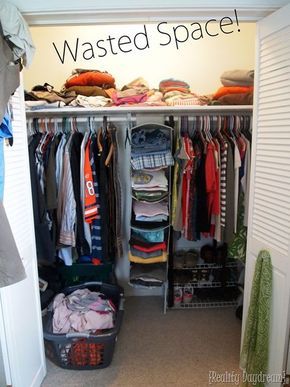 Those builder-basic closets with a single shelf are wasting SO MUCH SPACE. Above AND on the sides! Come see how to customize your closets with DIY Shelves to maximize storage! {Reality Daydream} Custom Closet Shelving, Diy Custom Closet, Closet Transformation, Closet Small Bedroom, Closet Redo, Closet Shelving, Closet Diy, Organized Closet, Closet Renovation