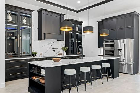 Oakleigh™ Modern Black Countertops Kitchen, Charcoal Cabinets White Countertops, Black Transitional Kitchen, Black Condo Kitchen, Black Cabinets Quartz Countertops, Down Home Fab Kitchen, Black And White Open Concept, Black Cabinet With Black Hardware, Black White And Brass Kitchen