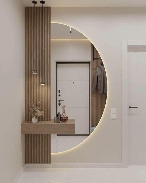 Entrance Hall Ideas Mirror, Furniture For Entrance Hall, Modern House Interior Entrance, Hall Entrance Design Interiors, House Entrance Wall Design, Home Entrance Mirror, Modern House Entrance Interior, Hall Mirror Ideas, Home Entrance Ideas Entryway Modern