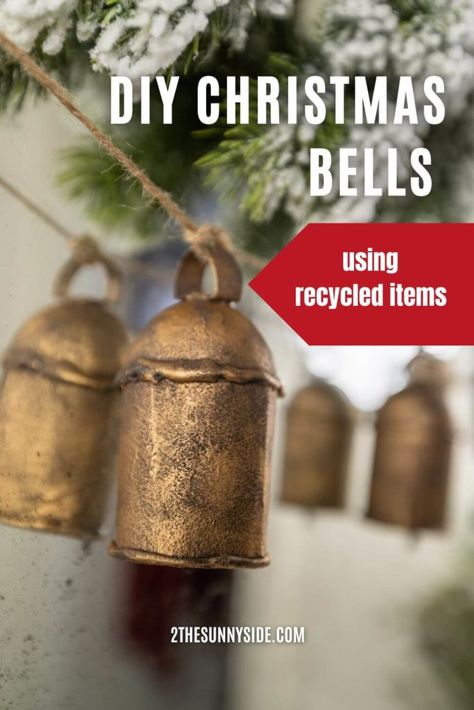 Diy Christmas Rustic Decor, How To Make Large Jingle Bells, Gold Christmas Bells Decorations, Material Christmas Decorations, Diy Bell Christmas Ornament, Primitive Diy Christmas Decor, Diy Jingle Bell Garland, Rustic Christmas Wreath With Bells, Old Skates Christmas Decor