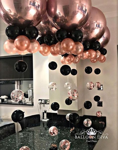 #diy #birthday #decorations #diybirthdaydecorations Rose gold Orbs & Black Pink Birthday Theme, Black Centerpieces, Rose Gold Party Decor, Sweet 16 Decorations, Rose Gold Balloons, Gold Birthday Party, Rose Gold Party, Sweet 16 Birthday Party, Wedding Event Design