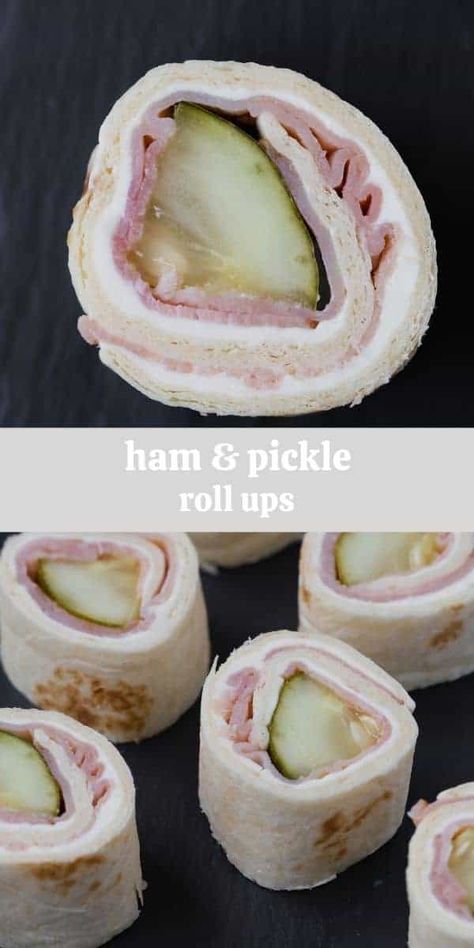 Easy to make and popular with most everyone, pickle roll ups (pinwheels)  are a fail-proof appetizer. Pickle roll ups with ham are perfect for lunchboxes, too. Roll Ups Pinwheels, Pickle Rolls, Ham And Pickle Roll Ups, Pickle Pinwheels, Ham And Pickle, Ham Pinwheels, Pickle Roll Ups, Pickle Wraps, Ham And Cheese Pinwheels