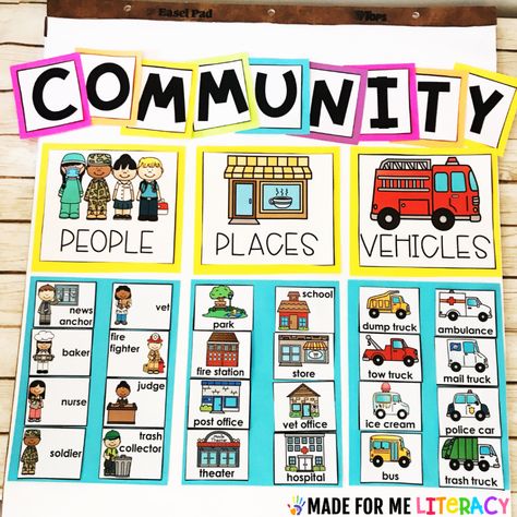 Where We Live Activities For Preschool, Community Helpers Hands On Activities, Community Sensory Activities, Neighborhood Kindergarten Activities, Around Town Preschool Theme, Community Decorating Ideas, Community Study Preschool, Community Math Activities Preschool, Social Studies Lessons For Kindergarten