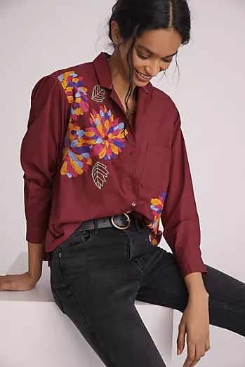 Women's Clothing On Sale | Anthropologie Altered Clothing, Maroon Shirts, Anthropologie Top, Embroidered Top, Patch Pocket, Cotton Shirt, Clothes For Sale, Anthropologie, Shirt Blouses