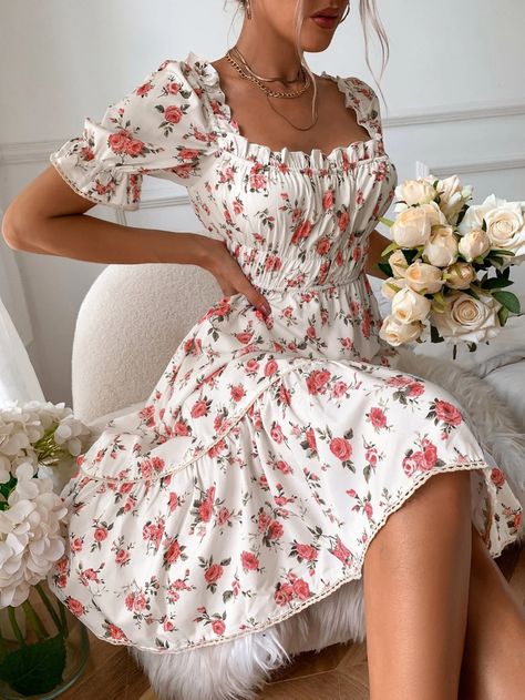 Shein Dress, Vestidos Vintage, Flounce Sleeve, Puffed Sleeves Dress, Sweet Dress, Printed Midi Dress, Spring Dress, Outfits Casuales, Ruffle Dress