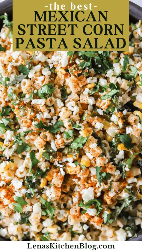 Try this Mexican Street Corn Pasta Salad for a fusion of vibrant Italian and Mexican flavors! It features fire-roasted corn, zesty chipotle lime dressing, and creamy cotija cheese, creating a perfect balance of tangy, spicy, and savory notes. Serve it as a refreshing side dish at your next summer barbecue or potluck. Street Corn Pasta Salad Ditalini, Mexican Cold Salad Recipes, Mexican Sweet Corn Pasta Salad, Roasted Corn Pasta Salad, Refreshing Appetizers For Summer, Mexican Corn Pasta Salad, Mexican Sides For Party, Easy Mexican Side Dishes, Cotija Cheese Recipes