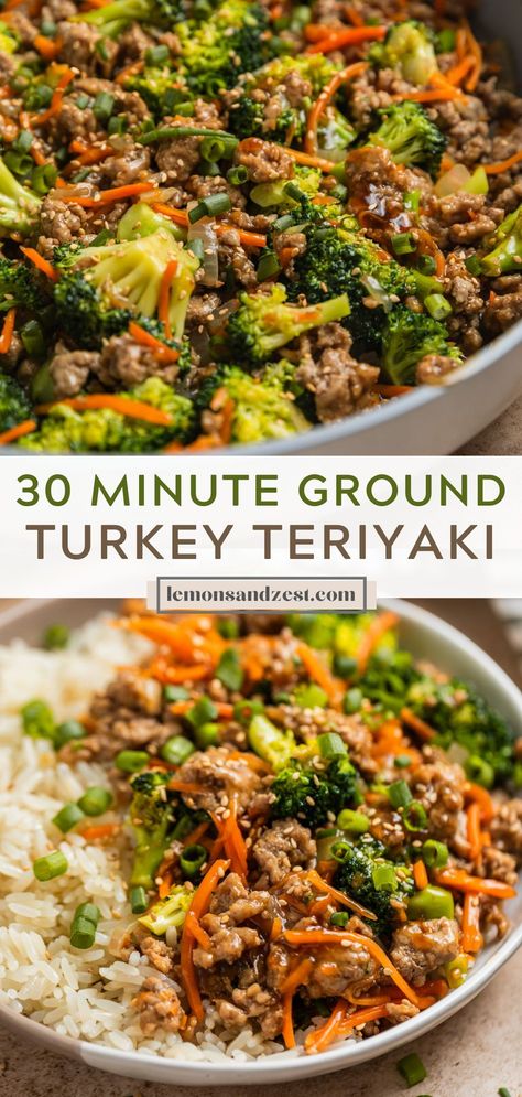 A simple weeknight dinner ready in under 30 minutes, this Ground Turkey Teriyaki Stir Fry is just the right amount of sweet and savory. A simple homemade teriyaki sauce is easier than you think--with a hint of orange zest and all the flavor the whole family will love! Healthy College Lunch Ideas, College Dinners Easy, Low Calorie Ground Turkey Meals, Low Calorie Recipes With Ground Turkey, Meal Prep Low Budget, Healthy But Filling Meals, Health Ground Beef Recipes For Dinner, Springtime Dinner Recipes, Low Calorie Whole Food Recipes