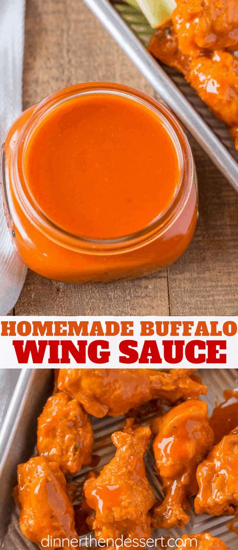 Homemade Buffalo Wing Sauce takes no time at all, just 4 ingredients and if made right is just as good as your favorite bar's buffalo wings. | #buffalowings #wingsauce #sauce #gameday #chickenwings #dinnerthendessert Hot Wing Sauce Recipe, Chicken Wing Sauce Recipes, Buffalo Sauce Recipe, Hot Wing Recipe, Cheesy Chicken Pasta, Hot Wing Sauces, Wing Sauce Recipes, Wings Recipe Buffalo, Chicken Wing Sauces