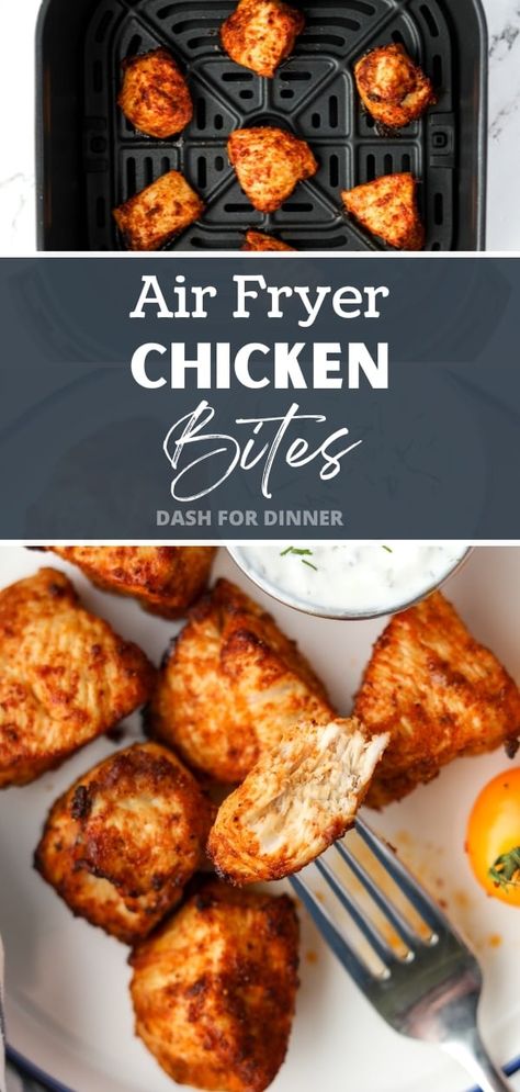 Whether you're looking for air fryer dinner recipes or ways to use chicken breasts, this easy recipe for Air Fryer Chicken Bites is sure to be a new favorite! Made with just a few simple ingredients, this chicken breast recipe is unbreaded, gluten-free, and low carb. It's perfect for meal prep, weeknight dinners, and makes the perfect high protein option for your favorite healthy dinners! Airfryer Chicken Meal Prep, Chicken Breast In Air Fryer Time, How To Cook Raw Chicken In Air Fryer, Cooking Chicken In The Air Fryer, Airfryer Chicken Chunks, Chicken Airfryer Recipes Easy, Air Frying Chicken Breast, Chicken Breast Airfryer Recipe, Air Fryer Cubed Chicken