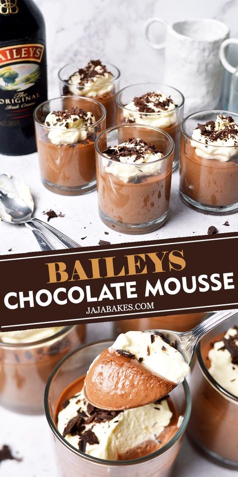 Kahlua Mousse Recipes, Chocolate Bourbon Mousse, Baileys Chocolate Mousse Recipe, Booze Desserts, Homemade Mousse, Baileys Chocolate Mousse, Baileys Dessert, Mousse Recipes Easy, Desserts Mini