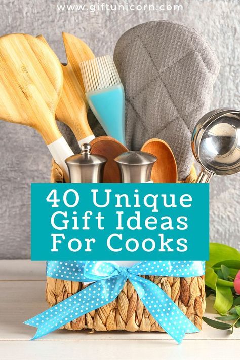 If you’re trying to decide on the perfect gift for a friend or family member who loves to cook, look no further. We listed useful gift ideas for cooks, from 40 food bloggers, chefs, and culinary experts with one thing in common: they all love to cook! #cookinggifts #giftsforcooks Cooking Themed Gift Baskets, Foodie Gift Basket, Cooking Baskets Gift Ideas, Cooking Gift Basket Ideas, Gifts For A Chef, Cooking Gift Basket, Chef Gift Basket, Cooking Gifts Basket, Cooking Gift Ideas