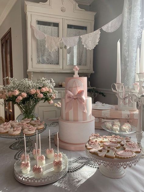 Jenny Lind High Chair First Birthday, First Birthday Sweet Table, 1st Birthday Sweet Table, Coquette Table Decor, Croquette Party, Indoor Baby Shower Ideas, Birthday Cake Table Decorations, Pink 1st Birthday Party, Baby Shower Sweets Table