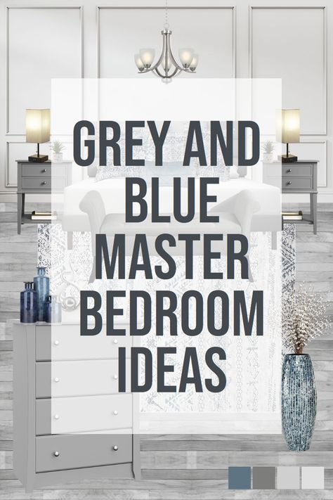 This post is all about my grey and blue master bedroom ideas! Step into a master bedroom designed with a perfect blend of serenity and sophistication. The grey and blue color palette not only brings a calming effect but also introduces a sense of elegance and refinement. With an assortment of accessories, the design is a testament to the power of subtlety and simplicity, transforming a regular bedroom into an extraordinary retreat. Calm Bedroom Color Palette, Blue Gray And White Bedroom Ideas, Greyish Blue Bedroom Ideas, Bedroom Decor Blue And Grey, Gray Primary Bedroom, Grey And Light Blue Bedroom Ideas, Silver And Gold Bedroom Ideas, Modern Blue Bedroom Ideas, Grey And Light Blue Bedroom