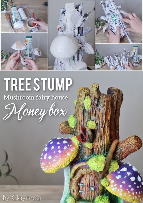 Diy Creative Crafts Room Decor, Miniature Fairy Gardens Diy How To Make, Diy Outdoor Fairy House, Fairy Projects, Cute Mushroom Crafts, Diy Mushroom Fairy House, Fairy House Diy Clay, Fairy Cloche Ideas, Homemade Fairy Houses