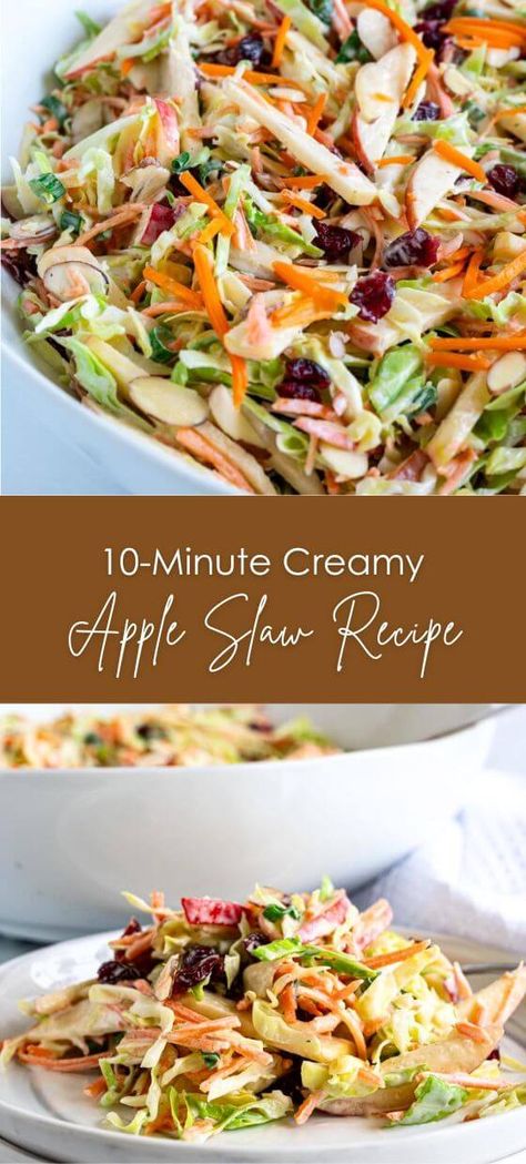 10-Minute Creamy Apple Slaw Recipe Cole Slaw Add Ins, Apple Slaw Dressing, Apple Bacon Slaw, Pear Slaw Recipes, Carrot Apple Slaw Recipes, Asian Apple Slaw, Vegetable Slaw Recipes, Pasta Slaw Recipe, Apple Slaw No Mayo