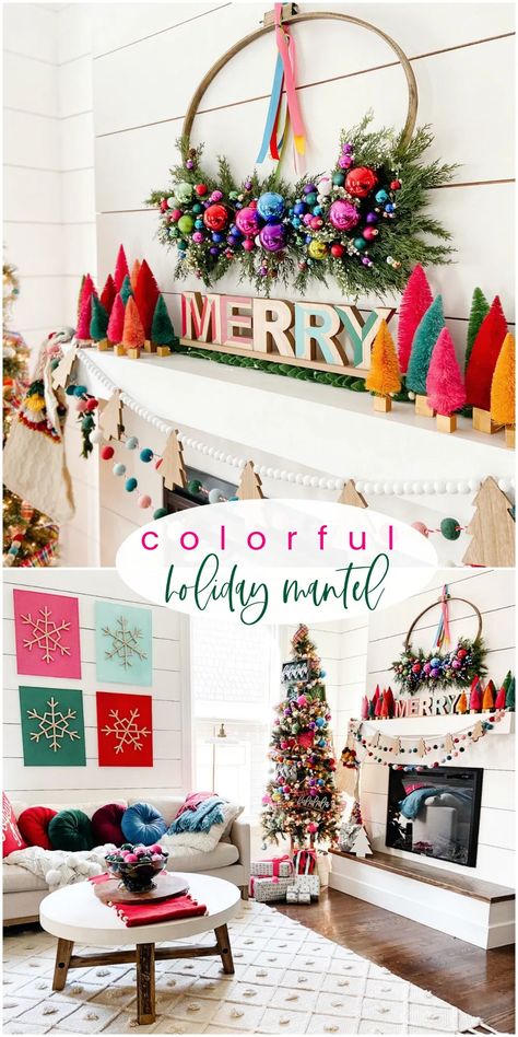 Bright Colorful Merry Mantel Christmas Decor Ideas Mantel Christmas Decor, Mantel Christmas, Bottlebrush Trees, Flocked Christmas Trees Decorated, Holiday Mantel, Glam Christmas, Rainbows Christmas, Christmas Mantel Decorations, Fabulous Christmas