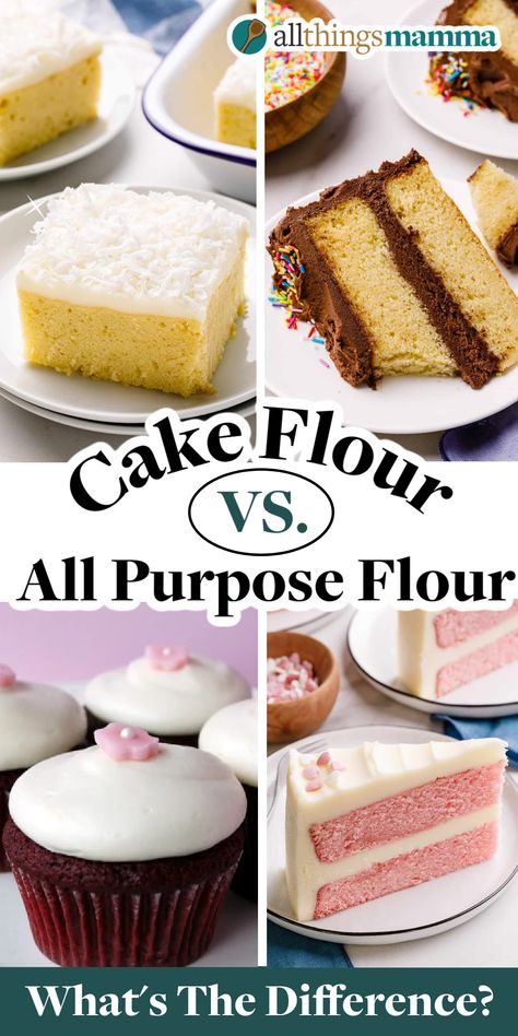 4-image collage showing four different types of cake recipes. What To Make With Cake Flour, Cake Flour Recipe Baking, Cake Flour Vs All Purpose Flour, Cake And Pastry Flour Recipes, Cake Flour Recipes Baking, How To Make Cake Flour, What To Make With Flour, Recipe With Cake Flour, What Is Cake Flour