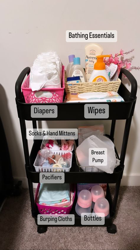 Pack And Play Nursery Ideas, Newborn Storage Ideas, Newborn Organization Ideas Small Space, Home Birth Set Up Ideas, Nursery Ideas Apartment, Nursery Ideas Organization, Small Space Baby Organization, Newborn Rolling Cart, Sharing Room With Newborn Small Spaces