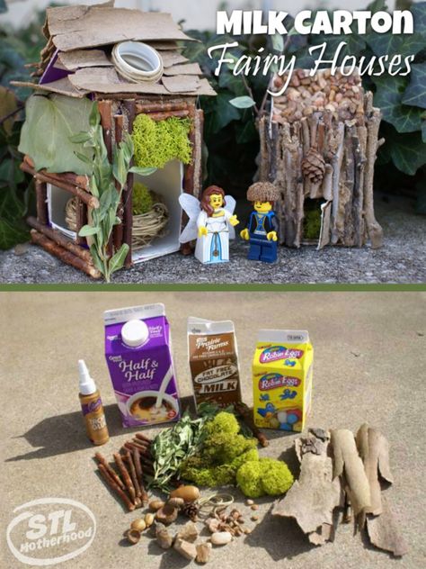 Make a cool milk carton fairy houses with your kids! This fun craft idea mixes nature with recycling....so get out in the garden and find your fairy-sized building materials! Fairy Houses Kids, Kids Fairy Garden, Fairy House Diy, Grandparenting, Fairy Garden Crafts, Fairy Garden Designs, Miniature Gardens, Faeries Gardens, Fairy Crafts