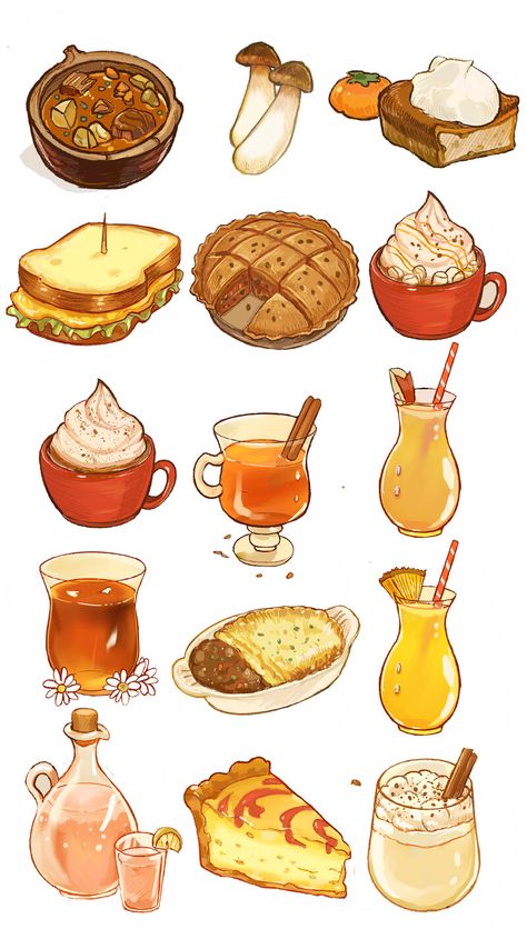 Food Design Drawing, Anime Food Painting, Cute Illustration Food, Food Art Digital, Food 2 Draw, Food Art Sketch, Food Drawing Wallpaper, Cute Food Art Wallpaper, How To Draw Anime Food