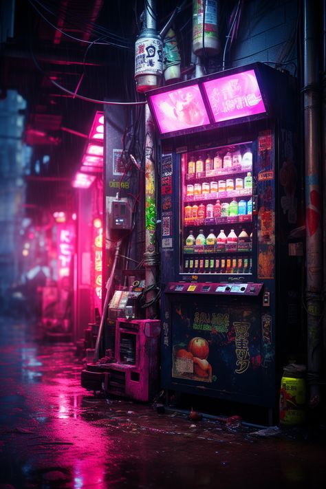 Cyberpunk Asethic, Fantasy Vending Machine, Retro Cyberpunk Aesthetic, Cyberpunk Vending Machine, Cyberpunk Cafe, Vending Machine Art, Cyberpunk Setting, Tokyo Club, Cyberpunk Background