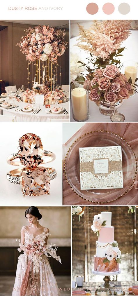 dusty rose, rose gold and ivory luxury wedding party ideas Rose Gold Color Combinations, Ivory And Rose Gold Wedding, Rose Gold Wedding Cake, Wedding Rose Gold Theme, Dusty Rose Wedding Colors, Modern Wedding Theme, Rose Gold Wedding Decor, Rose Gold Theme, Gold Wedding Colors