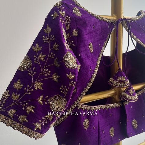 Handcrafted luxury bridal blouses! Featuring here is our signature and most favourite amongst our clients - triangled back patterned hand embroidered blouse ♥️ . . Reach out to us on WhatsApp 9849837832 or Direct message on Instagram for more information. For studio appointments kindly contact us on the above mentioned number. . Harshitha Varma studio, custom luxury designer, Hyderabad bridal wear, Indian contemporary, handmade. Bridal Work Blouses, Heavy Maggam Work Blouse Designs Latest, Purple Blouse Work Designs, Purple Blouse Designs, Bridal Wear Indian, Violet Saree, Blouse Sketch, Latest Maggam Work Blouses, Exclusive Blouse Designs