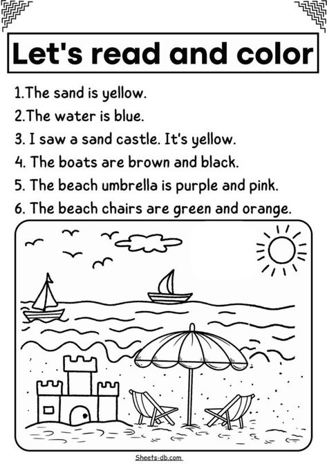 Colouring Worksheets For Grade 1, Read And Color Worksheets 1st Grade, Grade R Worksheets Free Printable, Colouring Worksheets For Kindergarten, Colours Worksheet For Kids, Colouring Worksheet, English Comprehension, Read And Color, General Studies