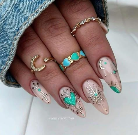 Epic Nails Designs, Burning Man Nails, Mystical Nail Designs, Nails Spiritual, Lunar Nails, Spiritual Nails, Mystical Nails, Coachella Nails, Mystic Nails