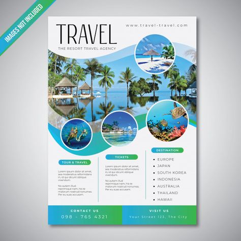 Travel and tourism flyer with blue sea color template Premium Vector Tourism Flyer, Tourism Brochure Design, Travel Flyer Design, Travel Brochure Design, Leaflet Template, Tourism Design, Travel Flyer, Mises En Page Design Graphique, Travel Advertising