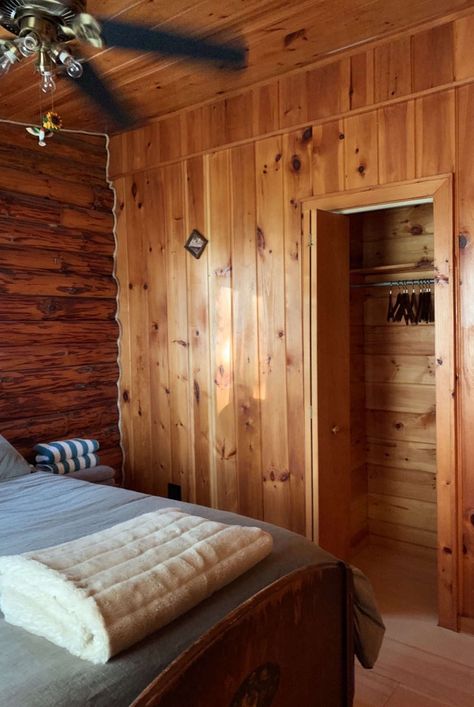 Before and After: A Couple's DIY Cabin Upstate, Redone During Quarantine - Remodelista Cabin Makeover Before After, Painted Knotty Pine Walls Before After, Cabin Remodel Before And After, Knotty Pine Walls Makeover, Small Lake Cabin Interiors, Small Bedroom Makeover Ideas, Log Cabin Makeover, Lake Cabin Interiors, Log Cabin Renovation