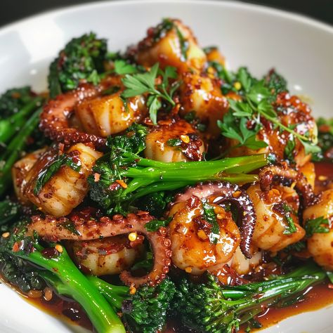 Citrus-Spiced Baby Octopus with Crunchy Broccolini Recipe Recipes With Octopus, Greek Seafood Dishes, Octopus Pasta Recipe, Seafood Dinner Aesthetic, Small Plate Food Ideas, Seafood Bar Ideas, Asian Octopus Recipes, Octopus Dishes Recipes, Squid Tentacles Recipe