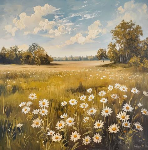 Oil painting of a field with daisies - Maxleron Peaceful Oil Painting, Painting Fields Landscapes, Floral Field Painting, Daisy Field Drawing, Acrylic Painting Flower Field, Paintings Of Daisies, Flower Fields Painting, Nana Painting, Impressionism Art Landscape