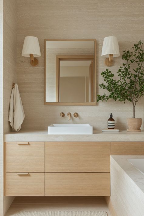 Transform your space with these modern bathroom ideas! Featuring clean lines, neutral tones, and lush greenery, this design epitomizes tranquility and sophistication. Perfect for a serene, contemporary look. #ModernBathroom #InteriorDesign #HomeDecor Cream Wood Bathroom, Warm Neutral Bathroom, Warm White Bathroom, Modern Guest Bathroom, Japandi Bathroom Design, Bathroom Japandi, Japandi Bathroom, Modern Bathroom Ideas, Serene Bathroom