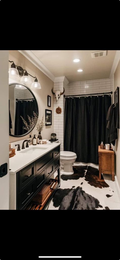 Rustic Western Farmhouse, Burnt Orange And Black Bathroom, Black Western Bathroom Ideas, Black And White Western Bathroom, Retro Cowboy Decor, Western Gothic Bathroom, Western Rv Decor, Moody Farmhouse Bathroom, Cowhide Bathroom