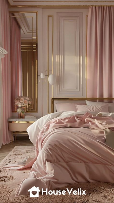 Blush pink and gold bedroom ideas bring a touch of glamour to your space. The soft pink hues combined with gold accents create a luxurious and inviting atmosphere for any bedroom. #BlushPinkAndGoldBedroomIdeas #PinkBedroomIdeas #ElegantBedroom #BedroomColorIdeas #BlushPinkBedroom Blush Pink And Gold Bedroom, Pink And Gold Bedroom Ideas, Pink Gold Bedroom, Blush And Gold Bedroom, Pink And Gold Bedroom, Pink Bedroom Accessories, Gold Bedroom Ideas, Blush Pink Bedroom, Blush Bedroom